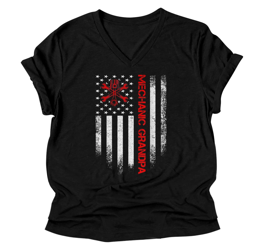 Personalized Vintage USA American Flag Diesel Mechanic Grandpa Silhouette V-Neck T-Shirt