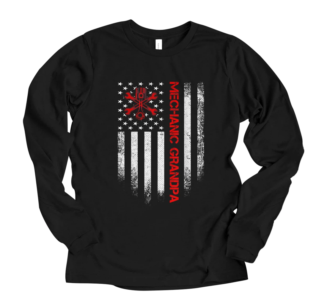 Personalized Vintage USA American Flag Diesel Mechanic Grandpa Silhouette Long Sleeve T-Shirt