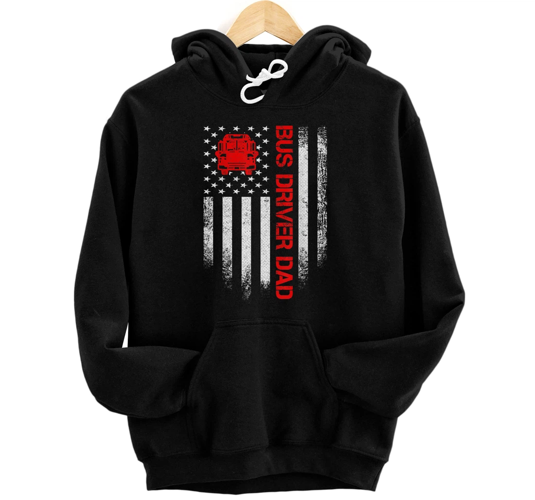 Personalized Vintage USA American Flag School Bus Driver Dad Silhouette Pullover Hoodie