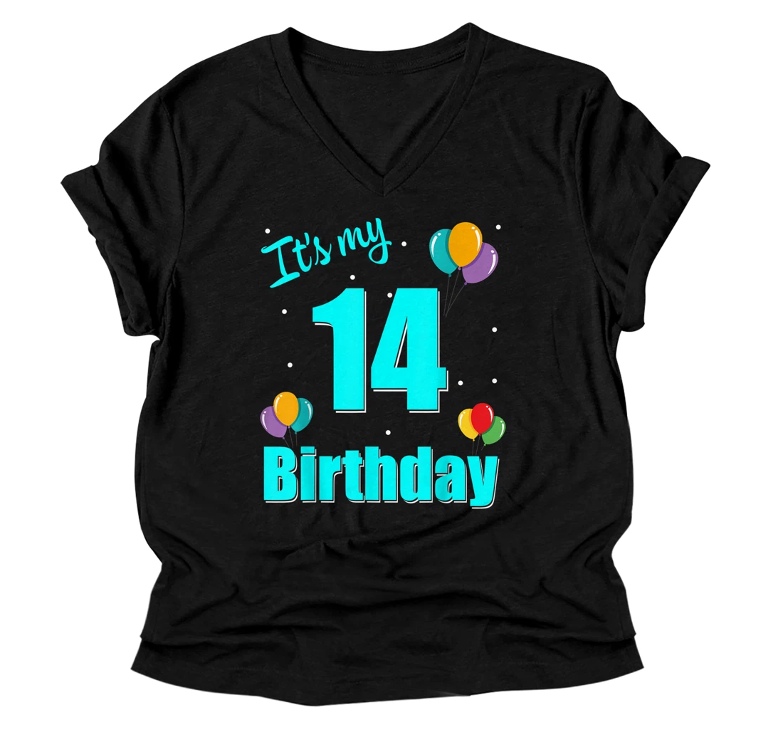 Personalized 14th Birthday It's My 14th Birthday 14 Year Old Birthday V-Neck T-Shirt