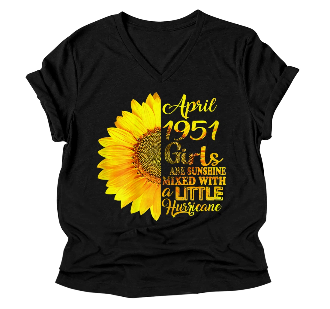 Personalized Womens April Girls 1951 V-Neck T-Shirt Sunflower 70th Birthday Gifts V-Neck T-Shirt