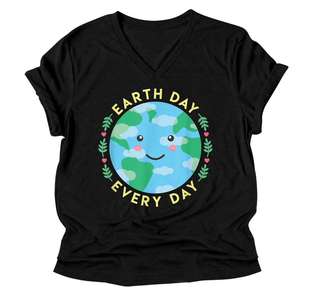 Personalized Earth Day Every Day Love the Environment Cute Kawaii Planet V-Neck T-Shirt