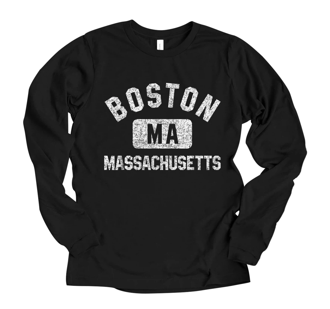Personalized Boston MA Gym Style Distressed White Print Long Sleeve T-Shirt