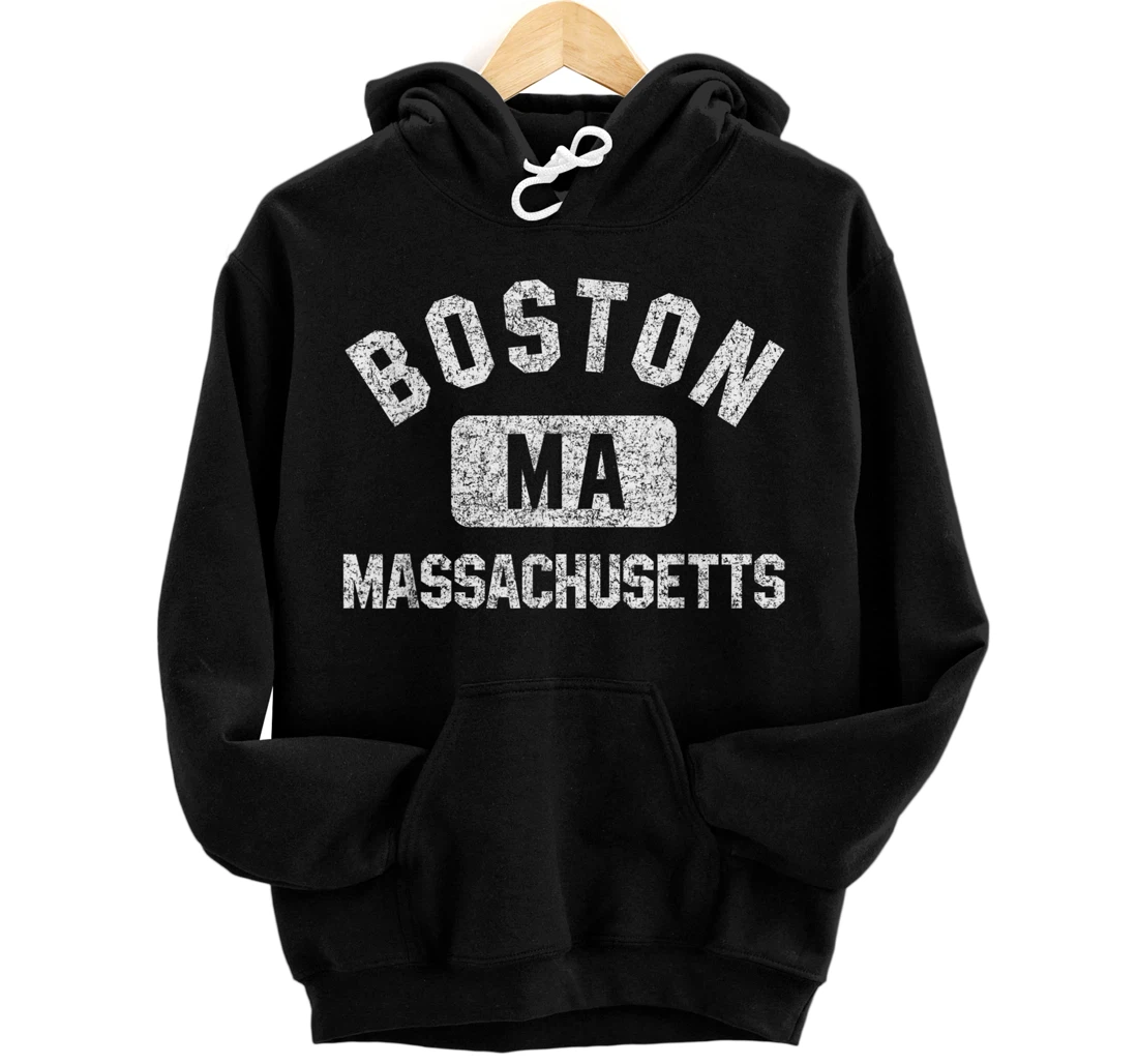 Personalized Boston MA Gym Style Distressed White Print Pullover Hoodie