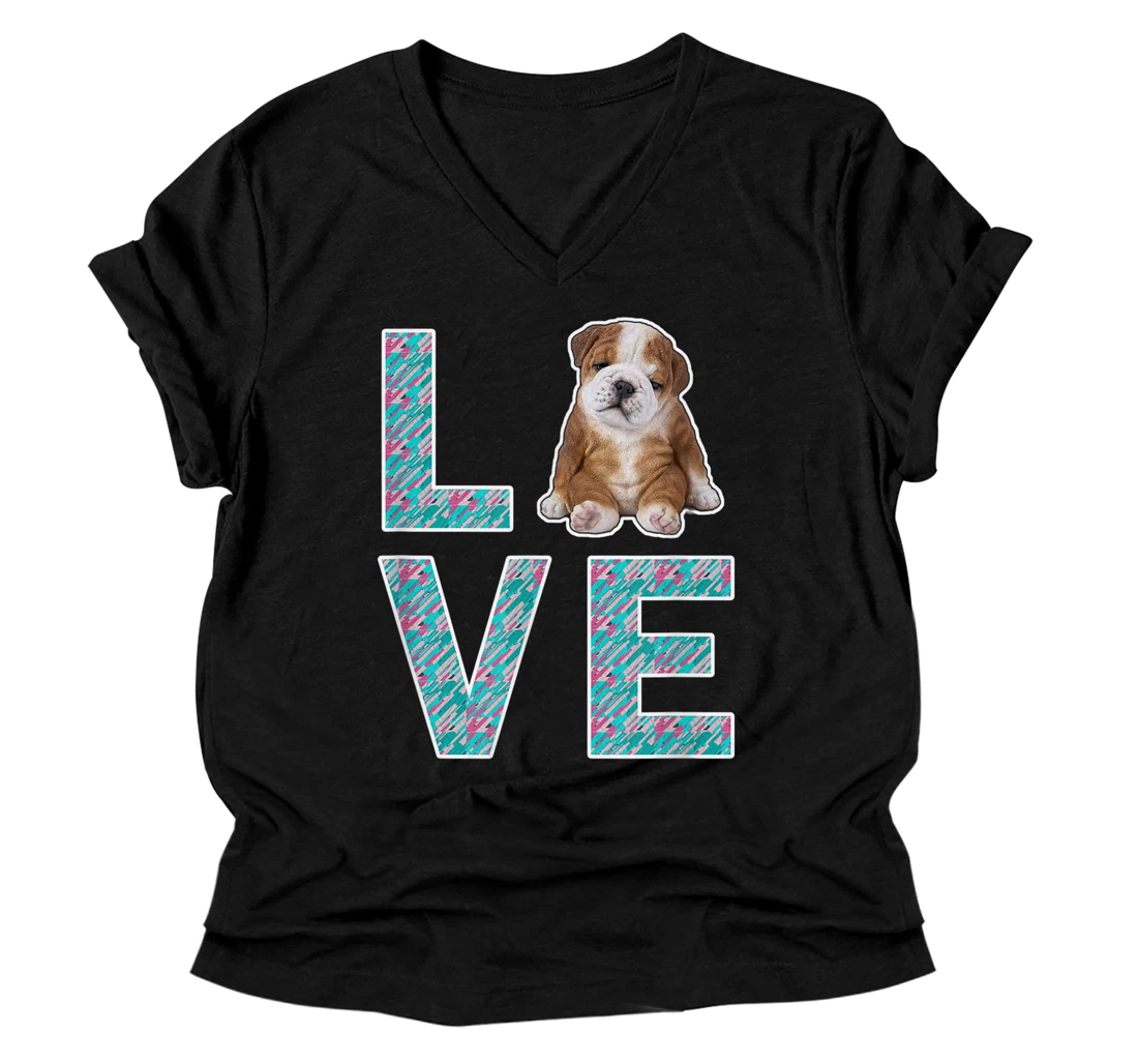 Personalized Love English Bulldog Baby For Bulldog Lover Owner V-Neck T-Shirt V-Neck T-Shirt