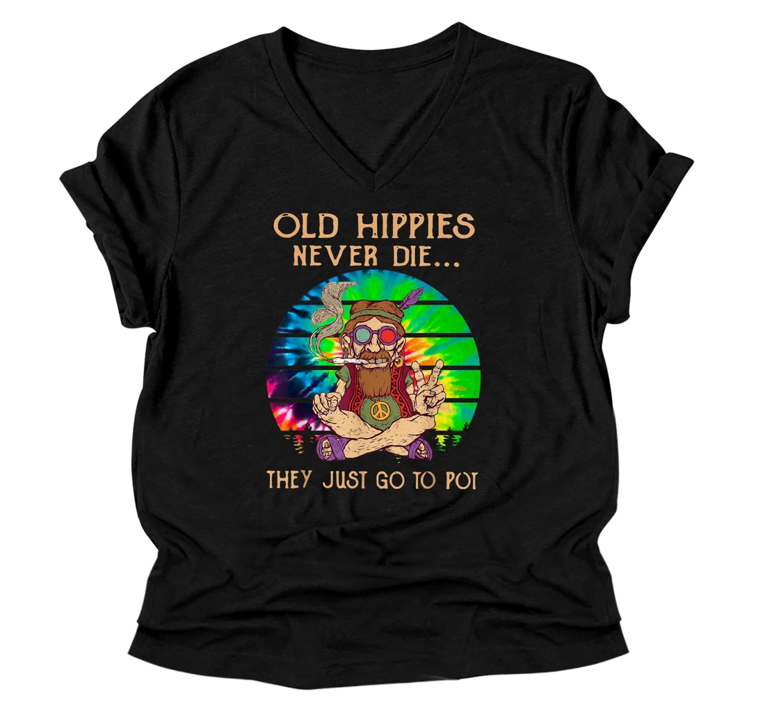 Personalized Old Hippies Never Die They Just Go To Pot Old Man Hippie V-Neck T-Shirt