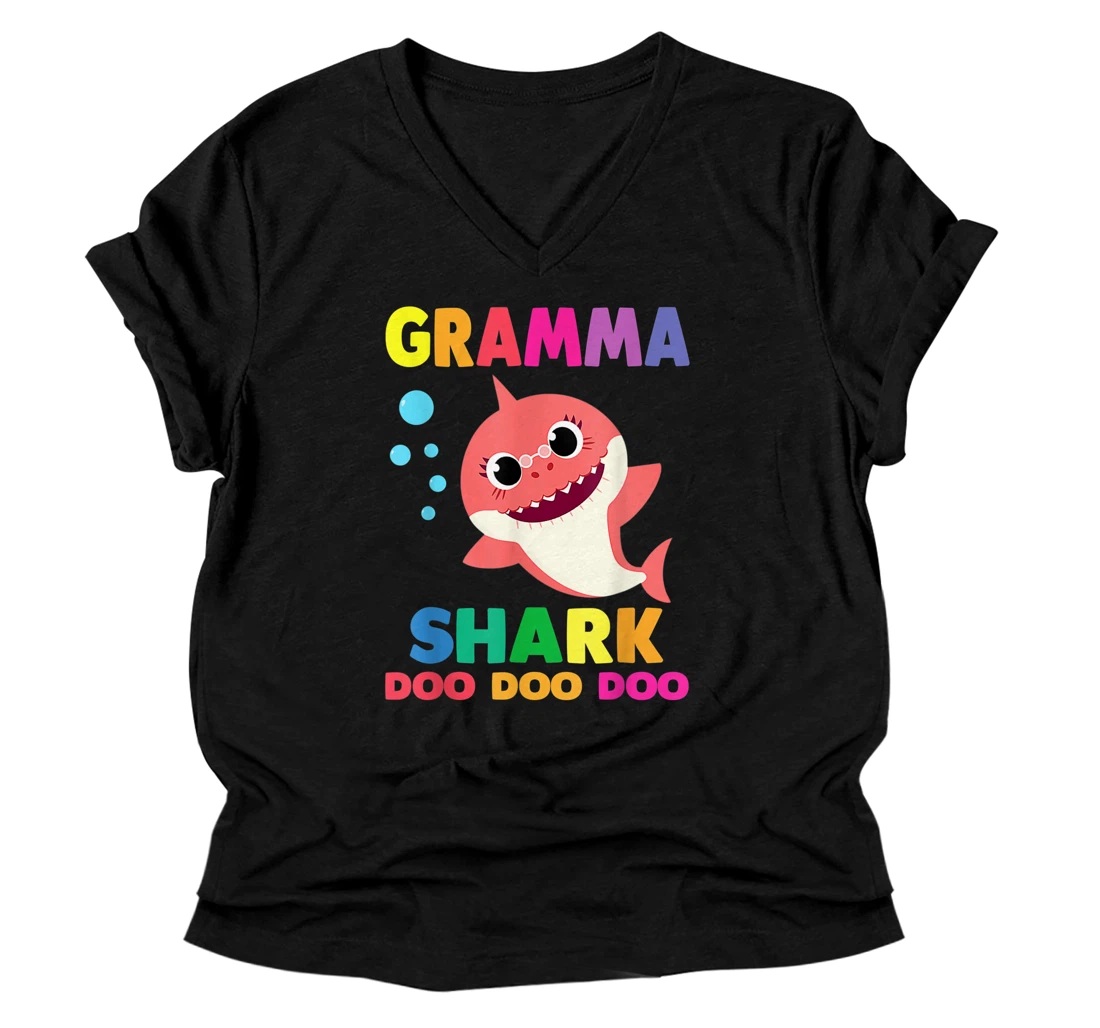 Personalized Gramma Shark V-Neck T-Shirt Doo Doo Funny Baby Mommy Kids V-Neck T-Shirt
