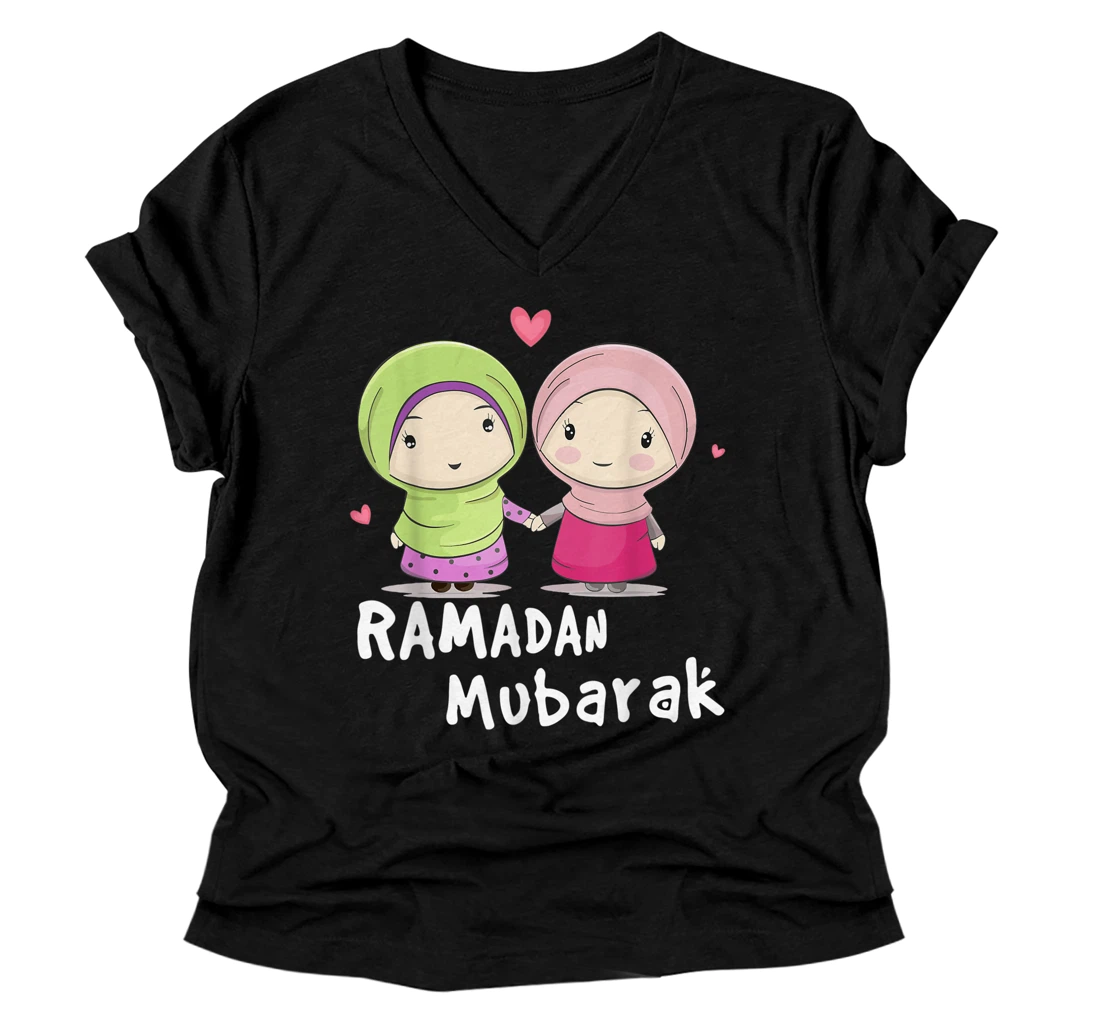 Personalized Happy Ramadan Mubarak Holy Month Calligraphy With Hijab Girl V-Neck T-Shirt