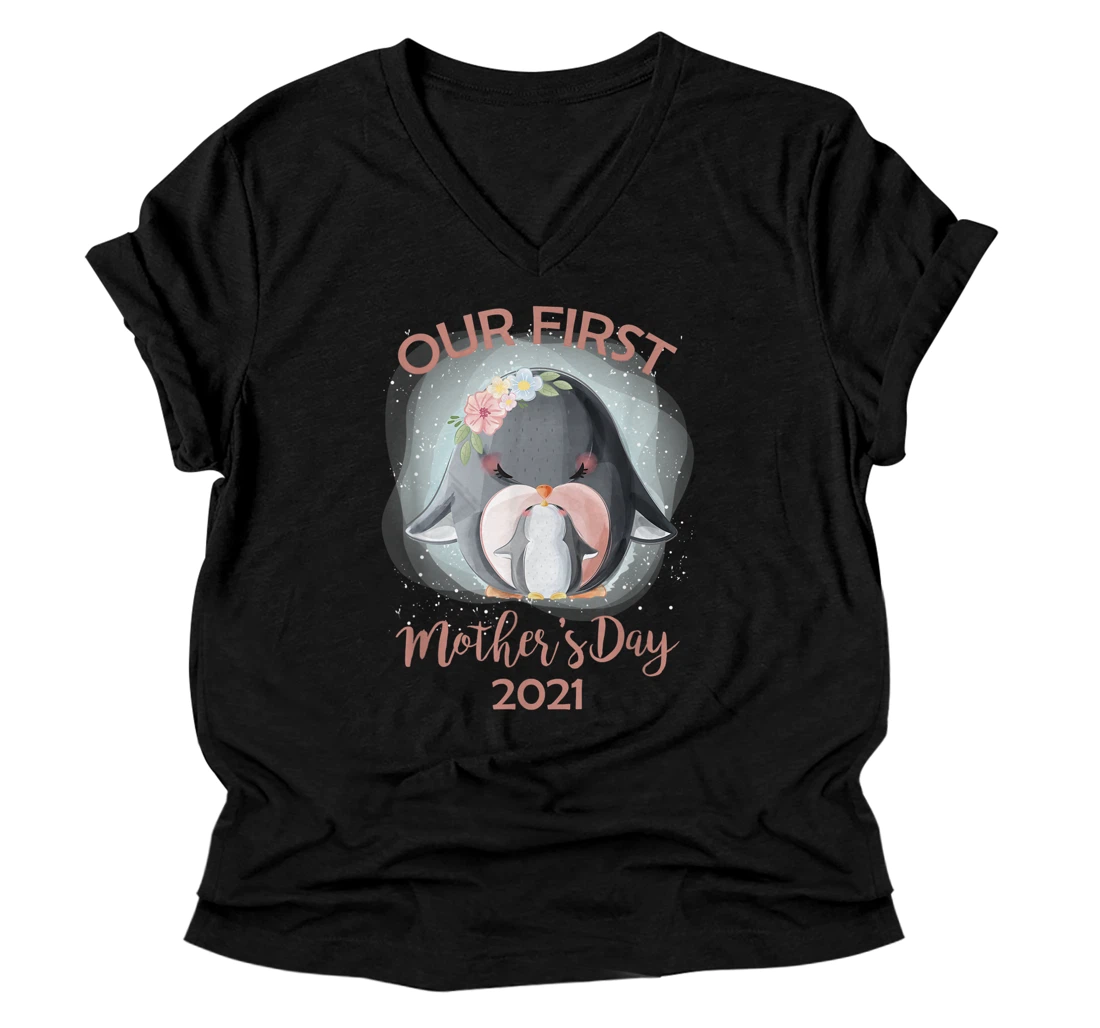 Personalized Our First Mother's Day Cute Penguin Mothers Day V-Neck T-Shirt