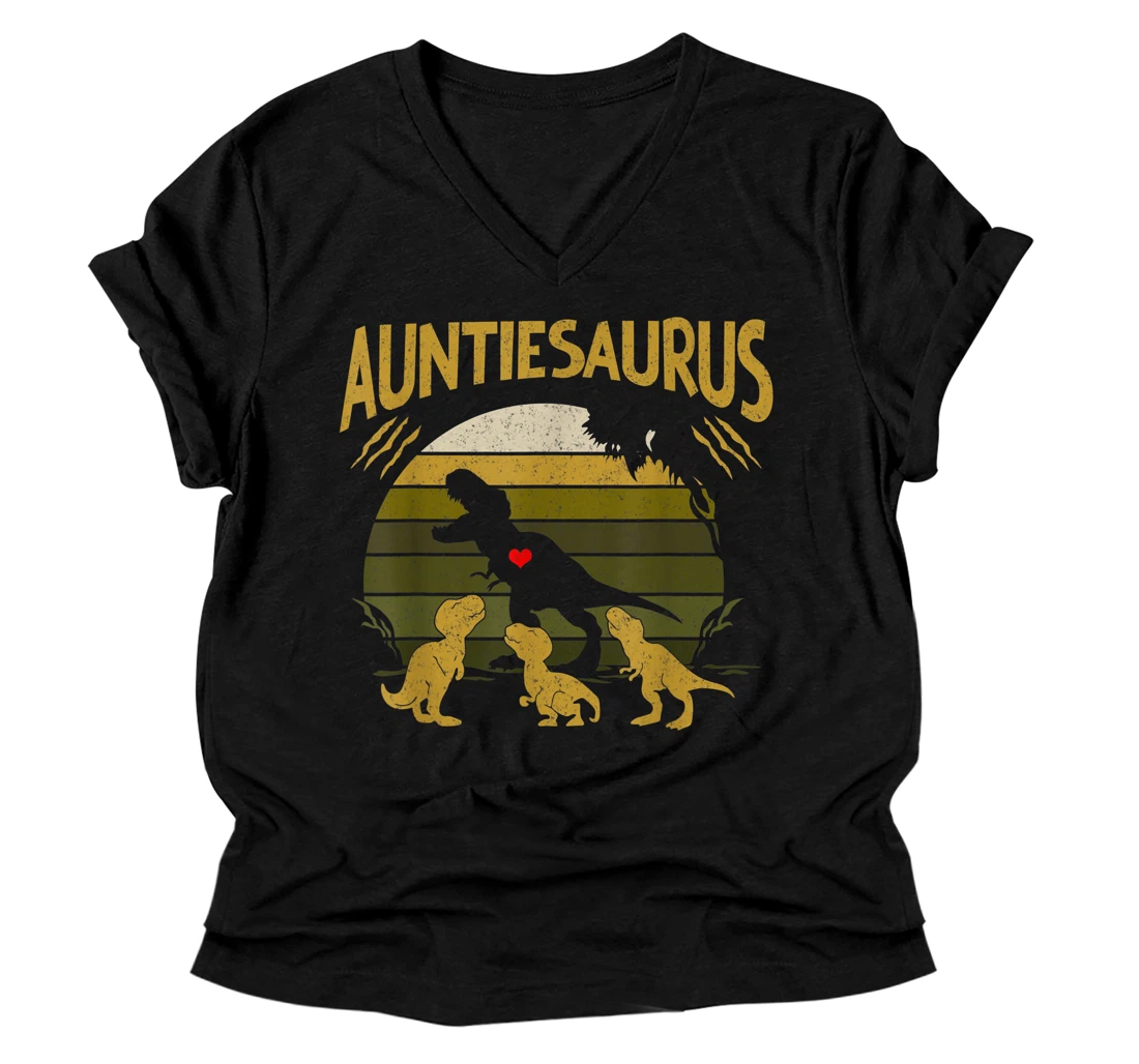 Personalized Vintage Retro 3 Kids Auntiesaurus Dinosaur Lover V-Neck T-Shirt
