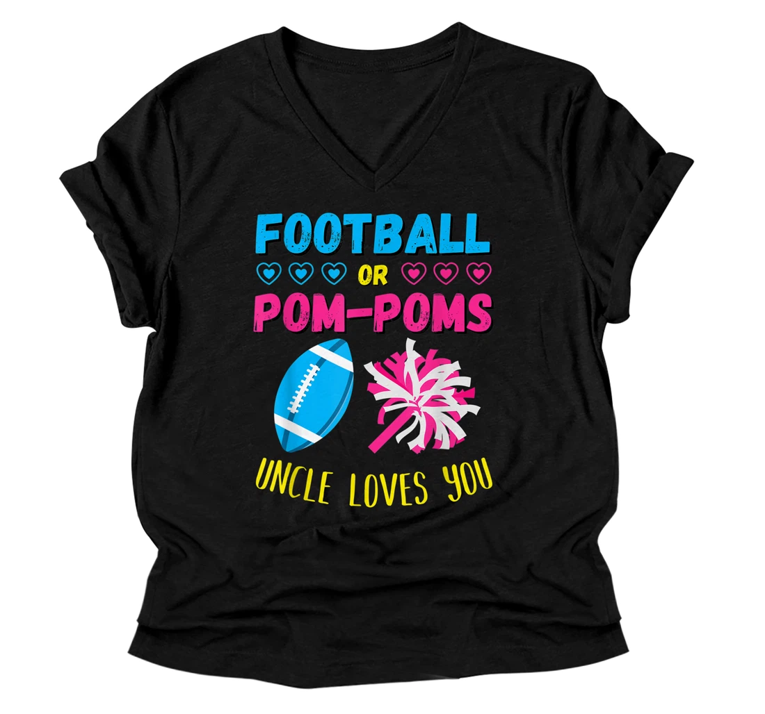 Personalized Football or Pom Poms Gender Reveal Uncle Loves You V-Neck T-Shirt