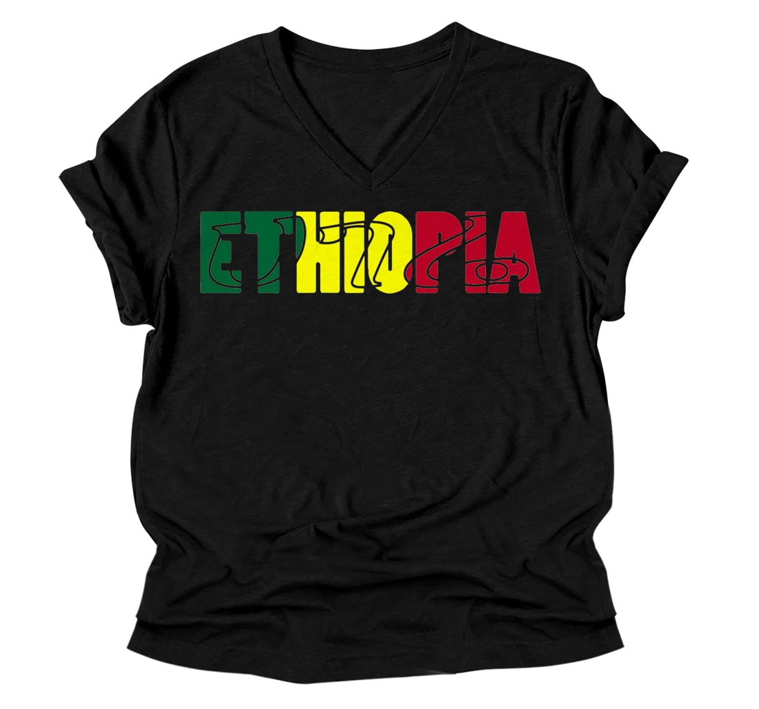 Personalized Ethiopia, Ethiopian Pride Wearable in Geez and English. Premium V-Neck T-Shirt