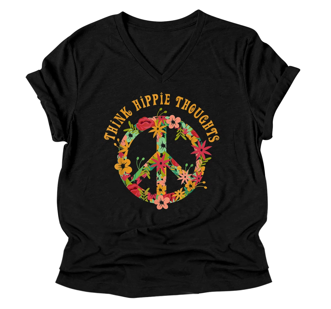 Personalized Thinks Hippie Thoughts Peace Sign Hippy Gypsie Free Spirited V-Neck T-Shirt