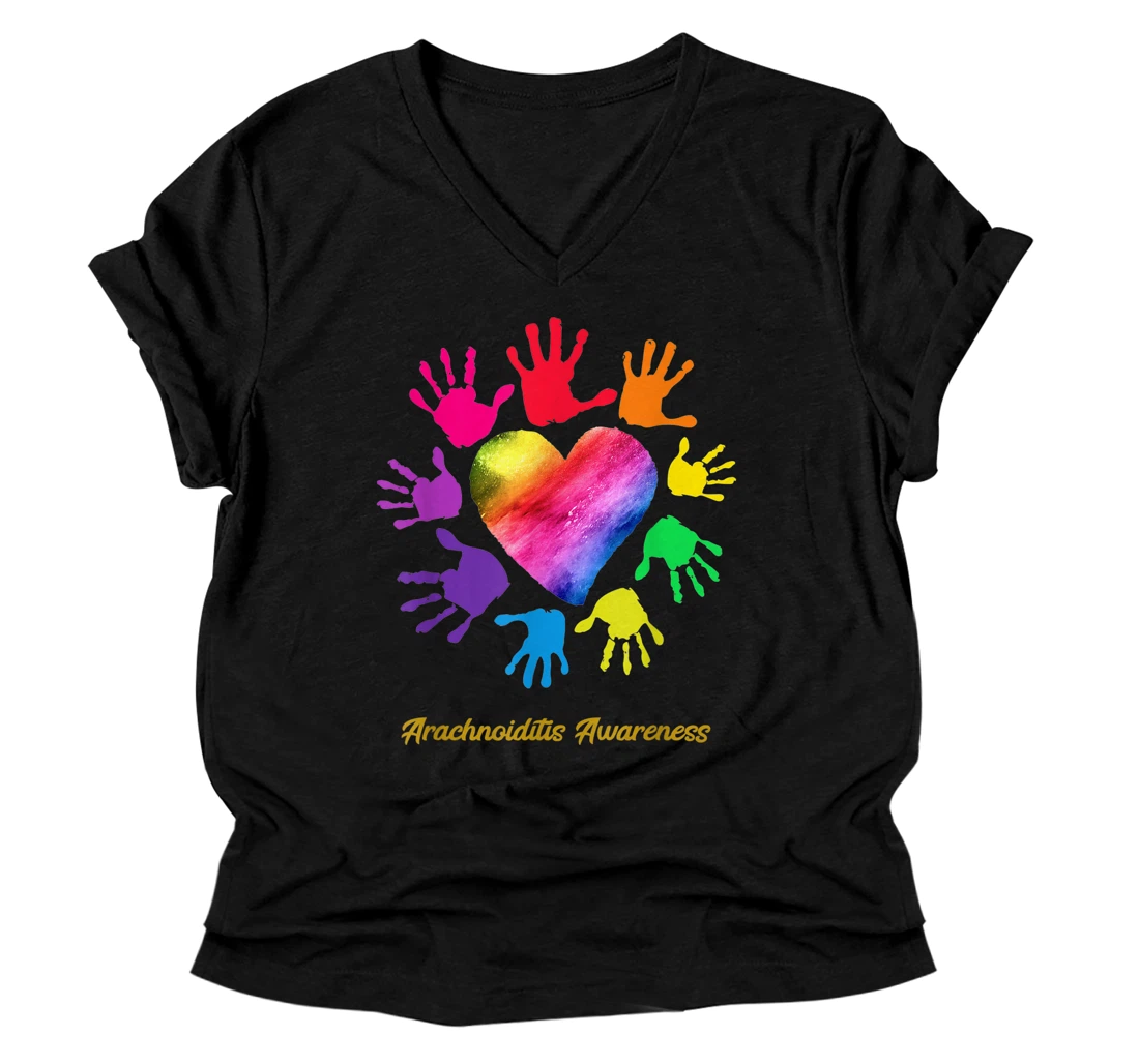 Personalized We Wear Rainbow Heart For Arachnoiditis Awareness V-Neck T-Shirt