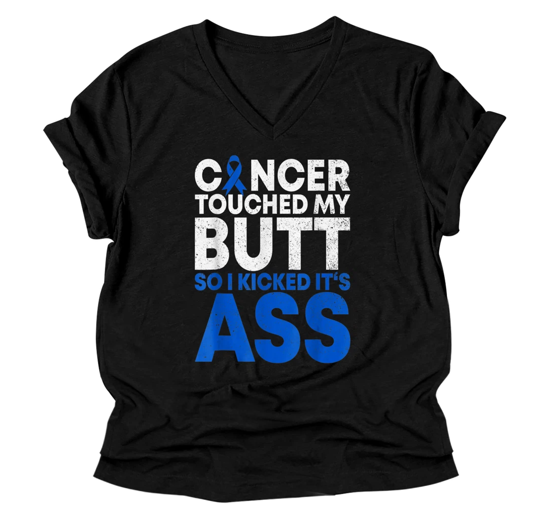 Personalized Funny Colon Cancer Survivor Cancer Awareness Ribbon V-Neck T-Shirt