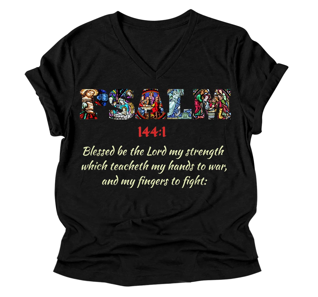 Personalized Psalm 144:1 Jesus Christ is Lord Christian Scripture V-Neck T-Shirt