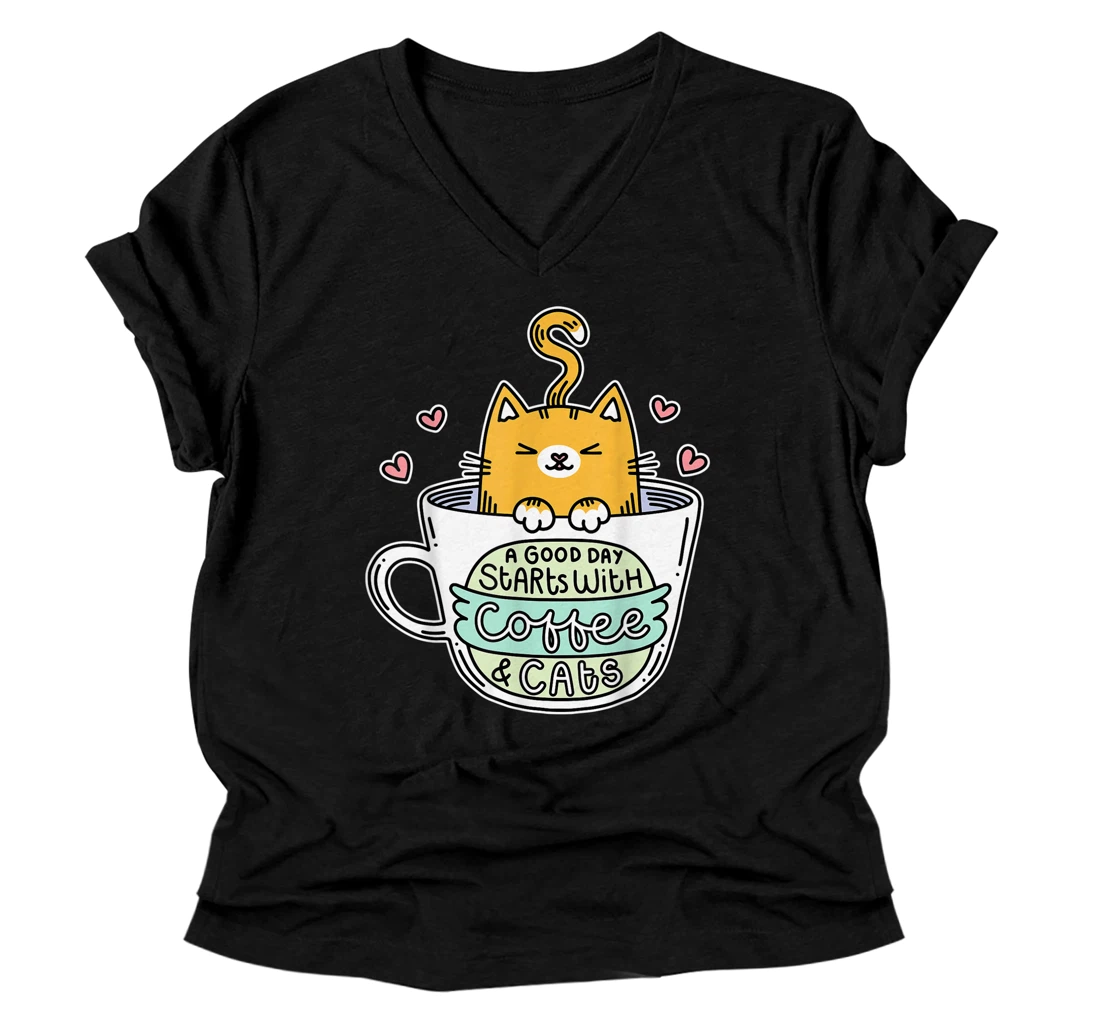 Orange Cat V-Neck T-Shirt Women, Cat Lover Shirt, Coffee Cats V-Neck T-Shirt