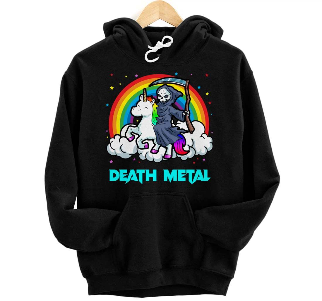 Death Metal Shirts Unicorn Rainbow Grim Reaper Heavy Metal Pullover Hoodie