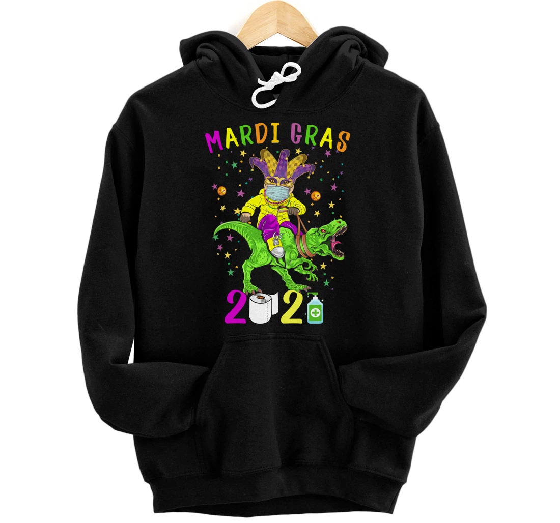 Mardi Gras 2021 Dinosaur Pug Dog Mask Beads Carnival Costume Pullover Hoodie