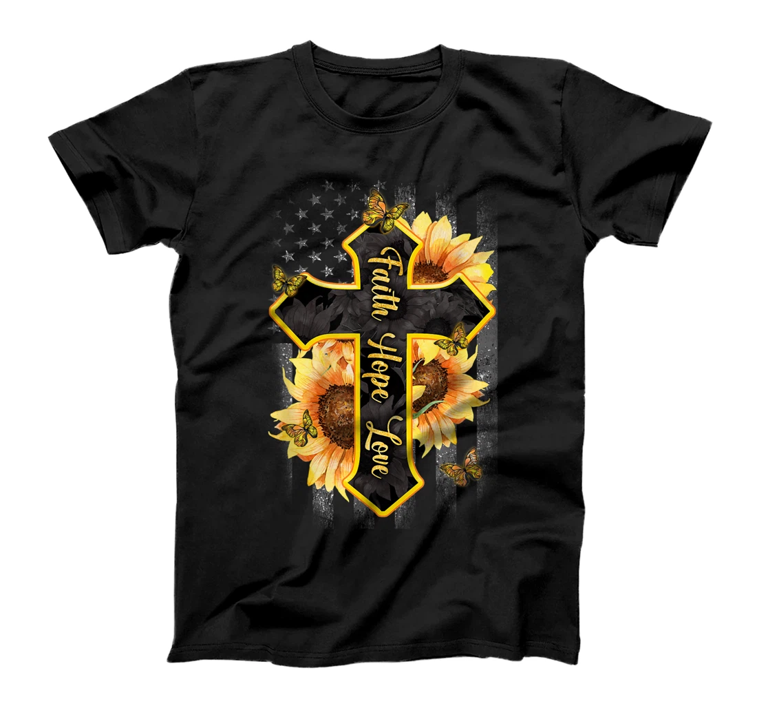 Faith Hope Love Christian Cross American Flag Sunflower T-Shirt, Women T-Shirt