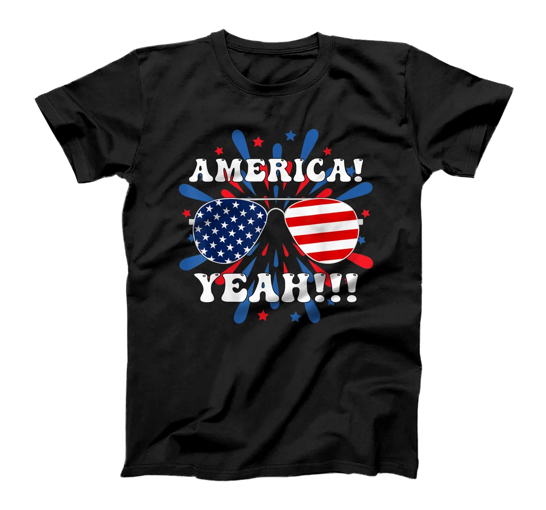 Personalized America Yeah Flag Sunglasses 4th of July Fireworks T-Shirt