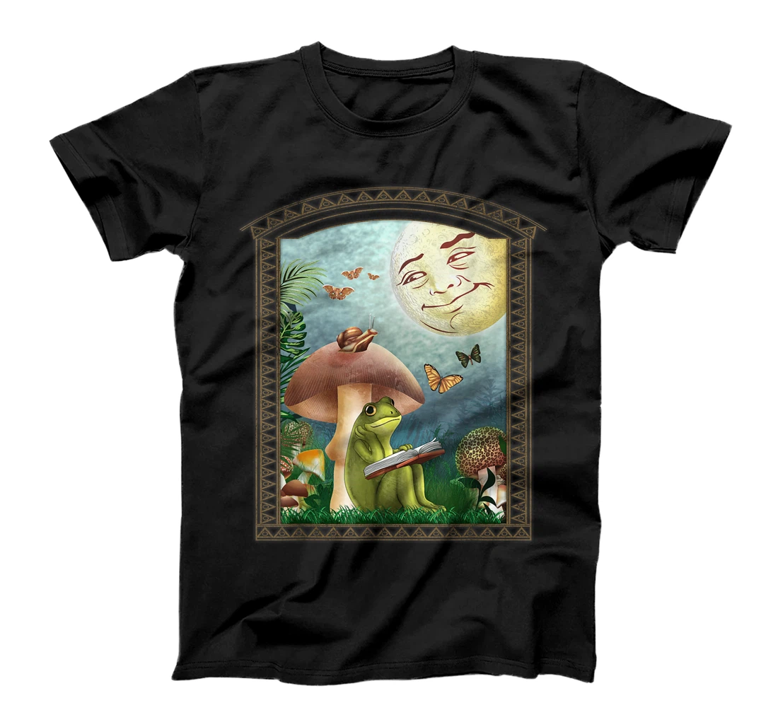 Personalized Cottagecore Aesthetic Reading Frog Mushroom Forest Moon T-Shirt