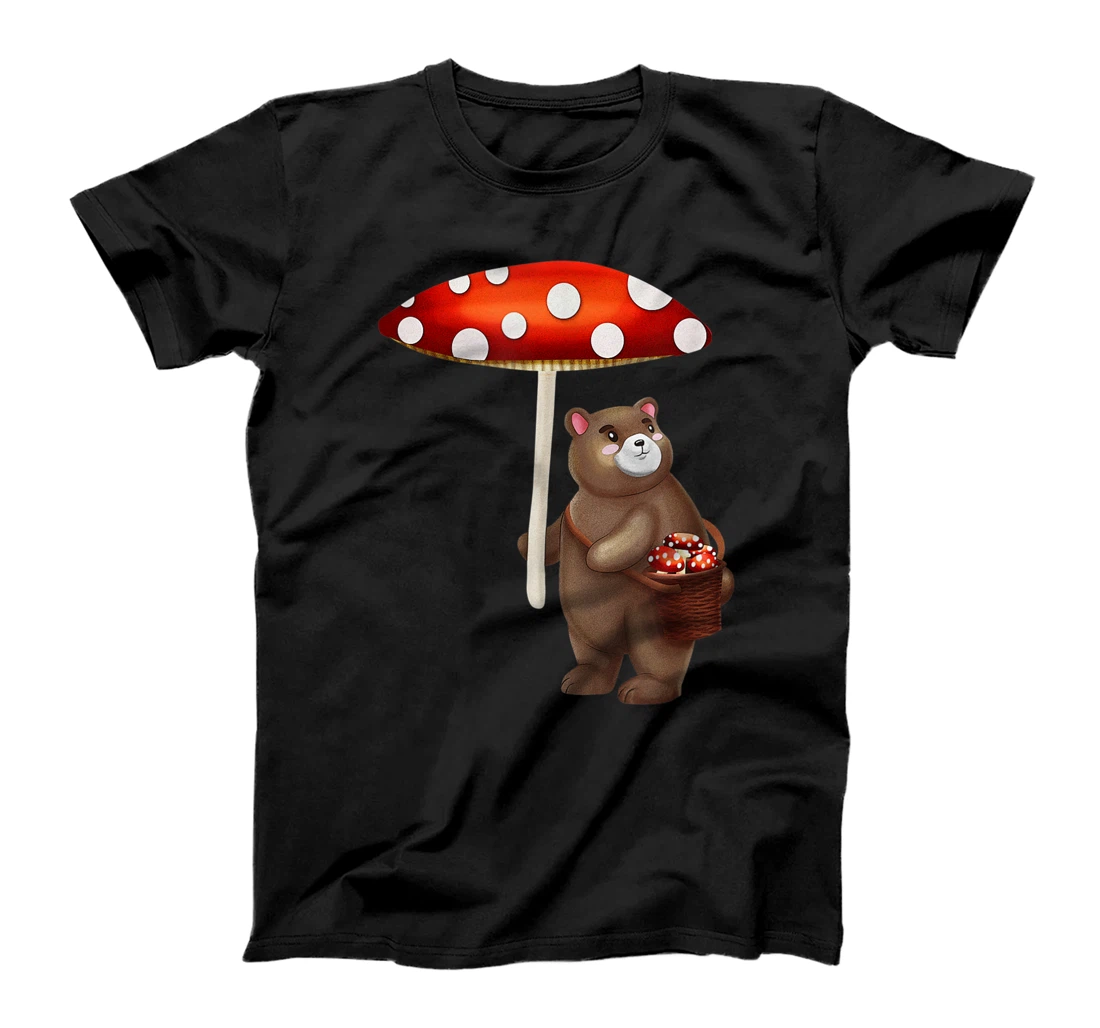 Personalized Cottagecore Aesthetic Foraging Bear with Mushroom Umbrella T-Shirt
