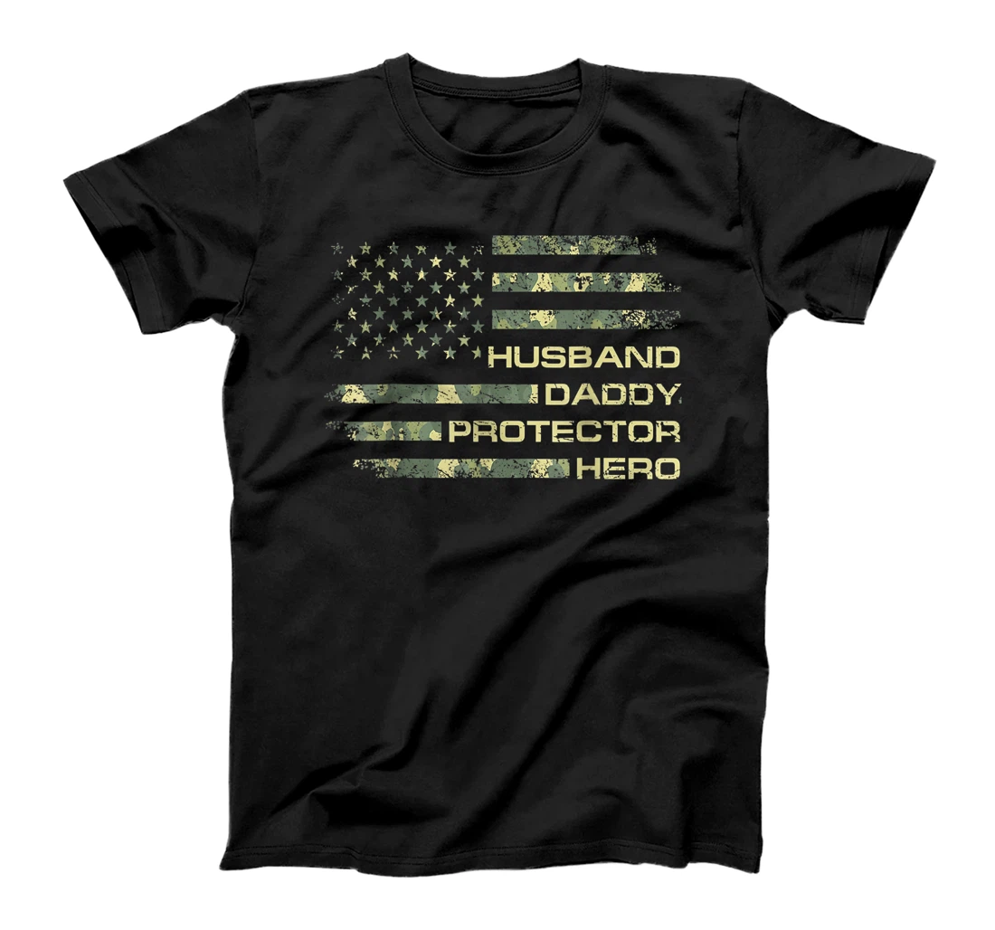 Mens Mens Husband Daddy Protector Hero Shirt Fathers Day Flag Tee T-Shirt