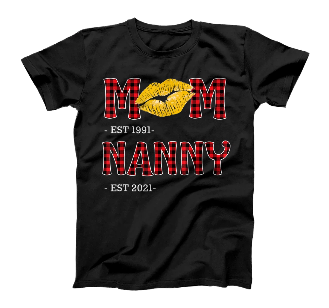 Personalized Mom Est 1991 NANNY Est 2021 - Red Buffalo Plaid Flower T-Shirt