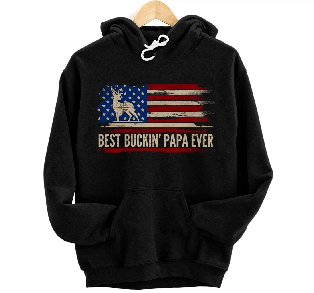 Personalized Best Buckin' Papa Ever American USA Flag Deer Hunting Pullover Hoodie