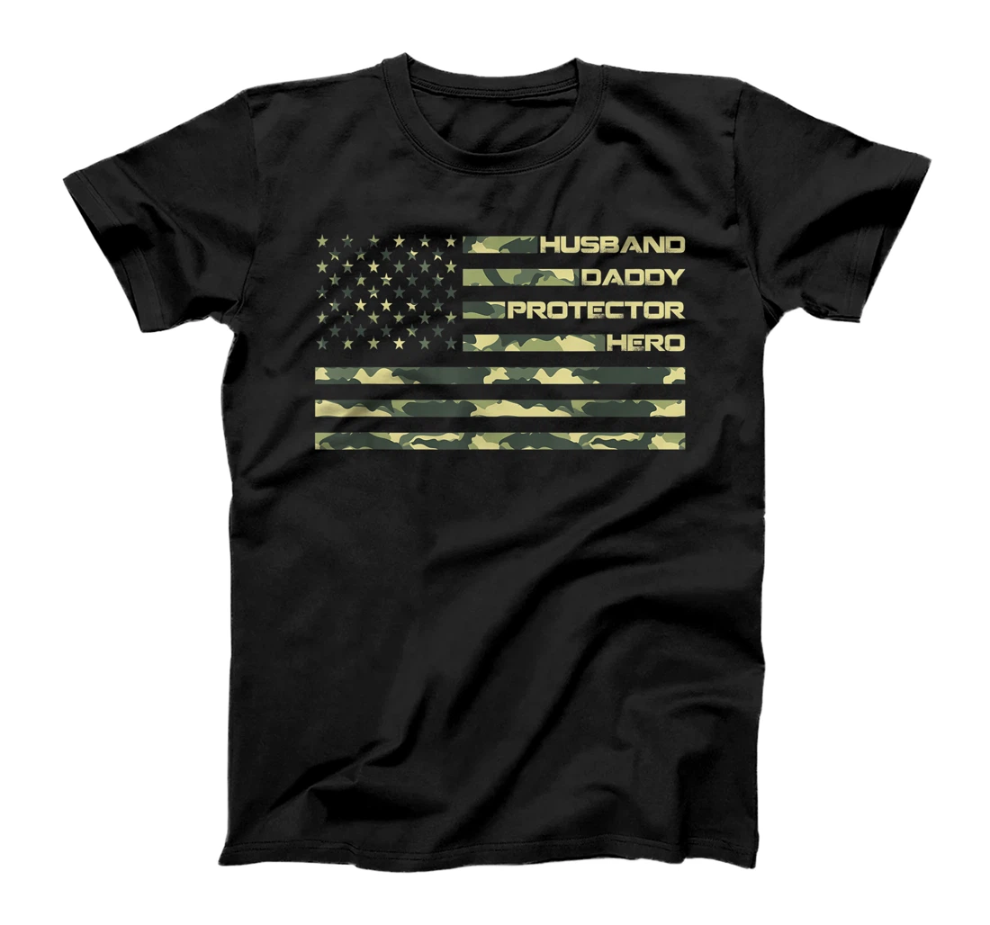 Mens Husband Daddy Protector Hero Shirt Fathers Day Camo Flag T-Shirt