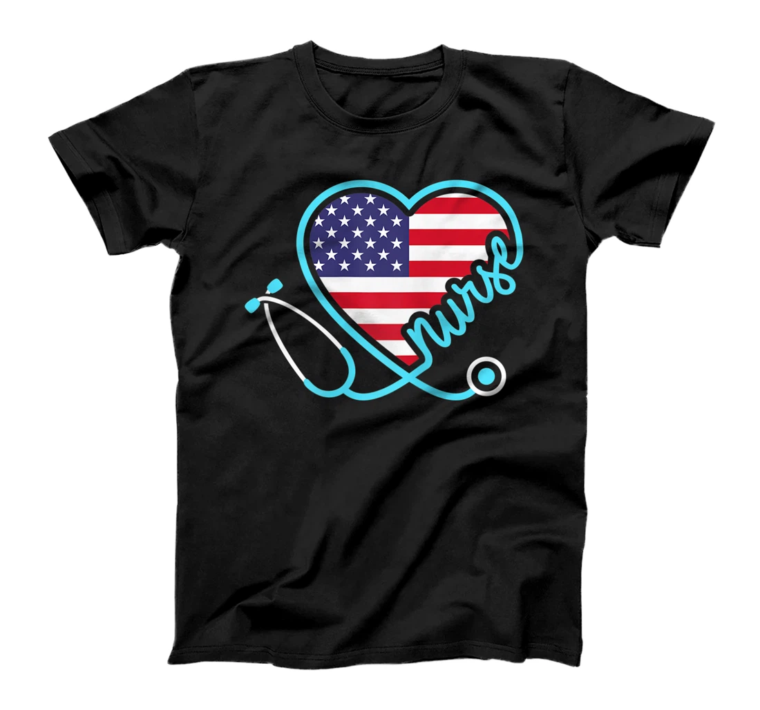 Personalized Womens Nurse 4th of July American Flag Patriotic USA Stethoscope T-Shirt