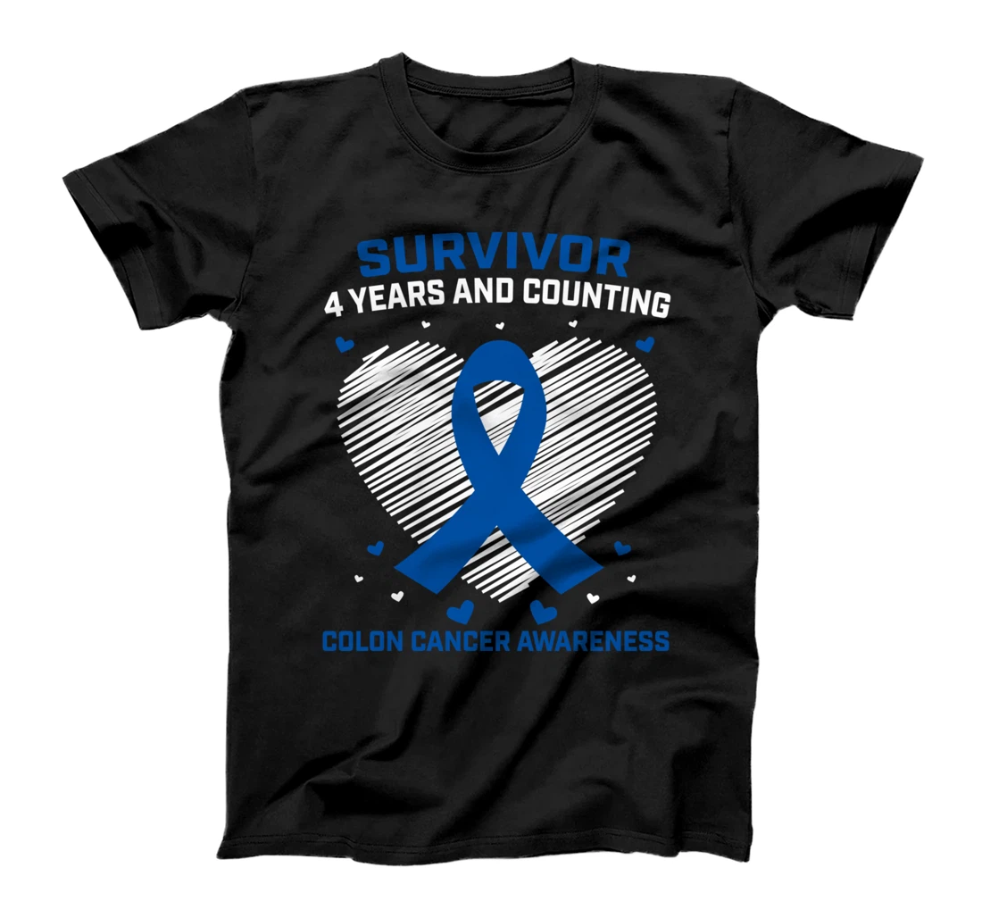 Personalized 4 Years Cancer Free Gifts Heart Blue Colon Cancer Survivor T-Shirt