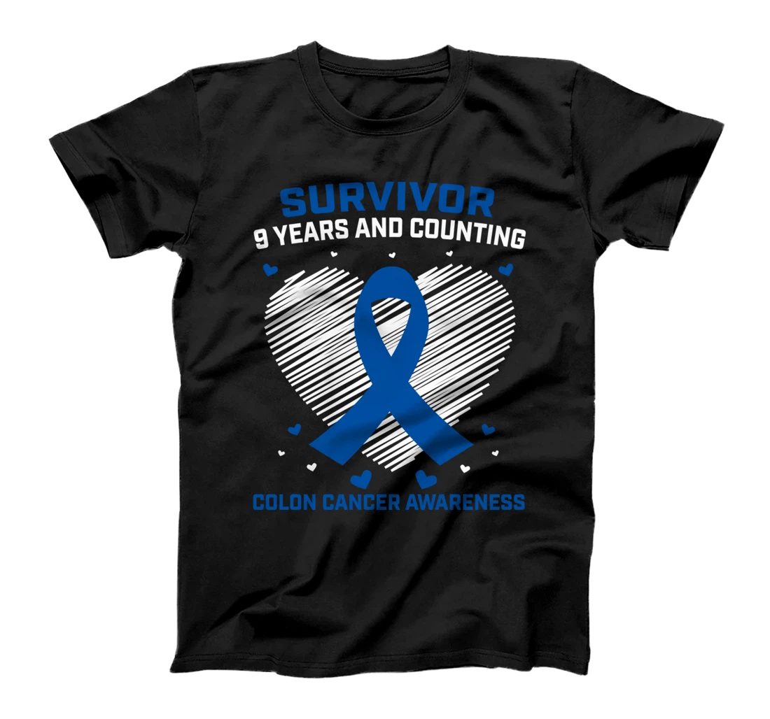 Personalized 9 Years Colon Cancer Survivor Gifts Blue Ribbon Awareness T-Shirt