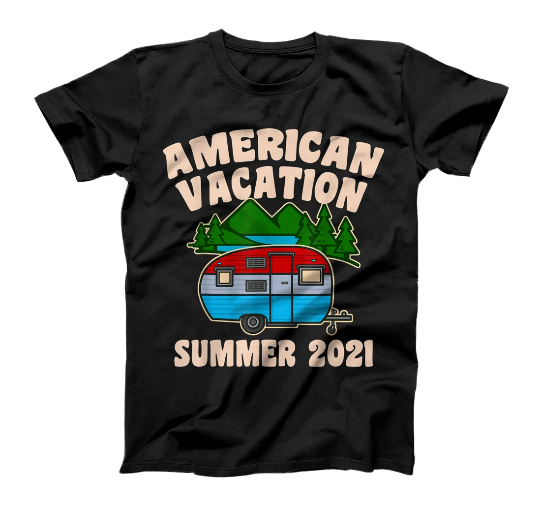 Personalized Summer 2021 American Vacation Tent Trailer Campfire Forest T-Shirt, Kid T-Shirt and Women T-Shirt