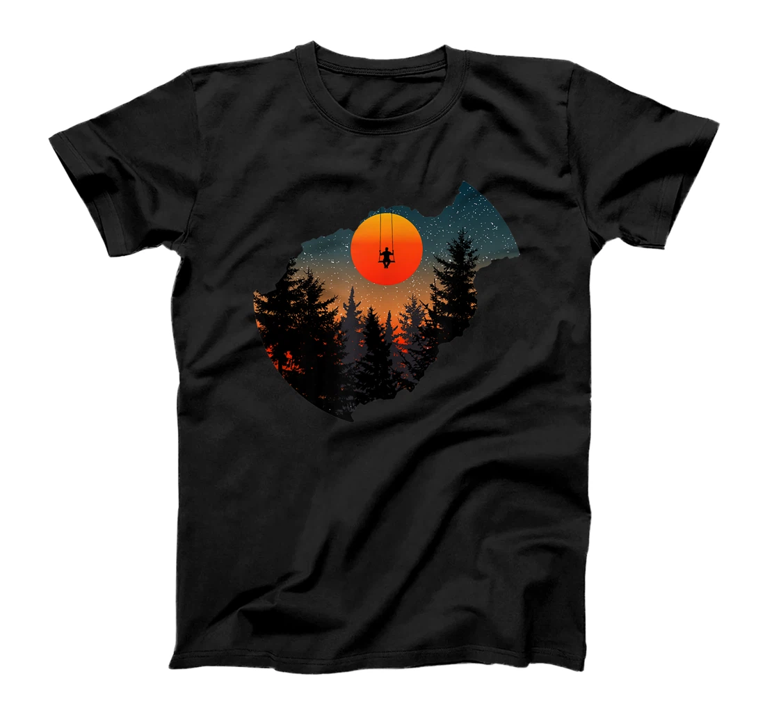 Personalized Man Swinging In The Wild a Sunset, Pine Trees, Forest Idea T-Shirt, Women T-Shirt