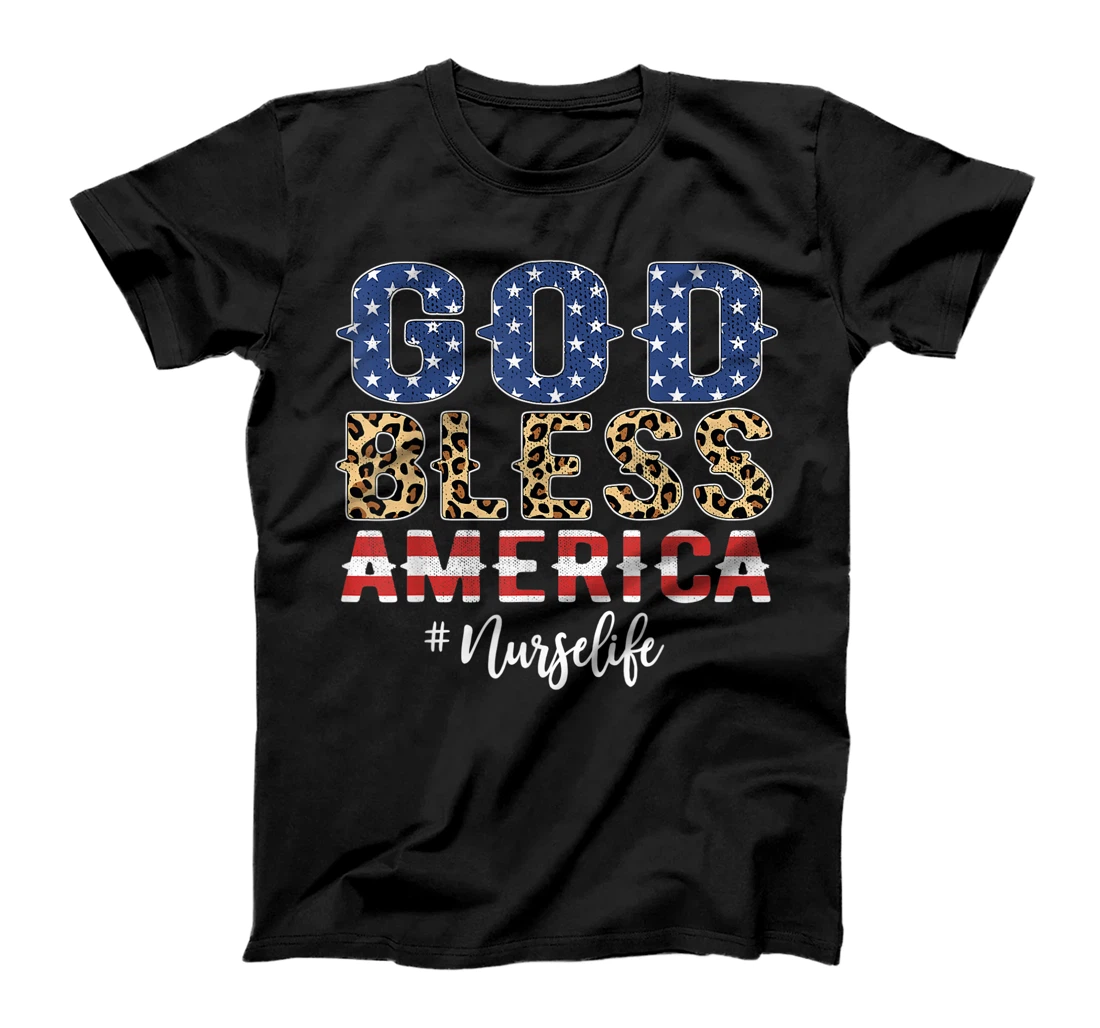 God Bless America 4th Of July Leopard USA Nurse Life T-Shirt, Women T-Shirt