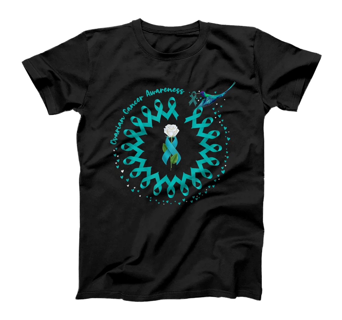 Personalized Hummingbird Rose Teal Ribbon Ovarian Cancer Awareness Women T-Shirt, Kid T-Shirt and Women T-Shirt