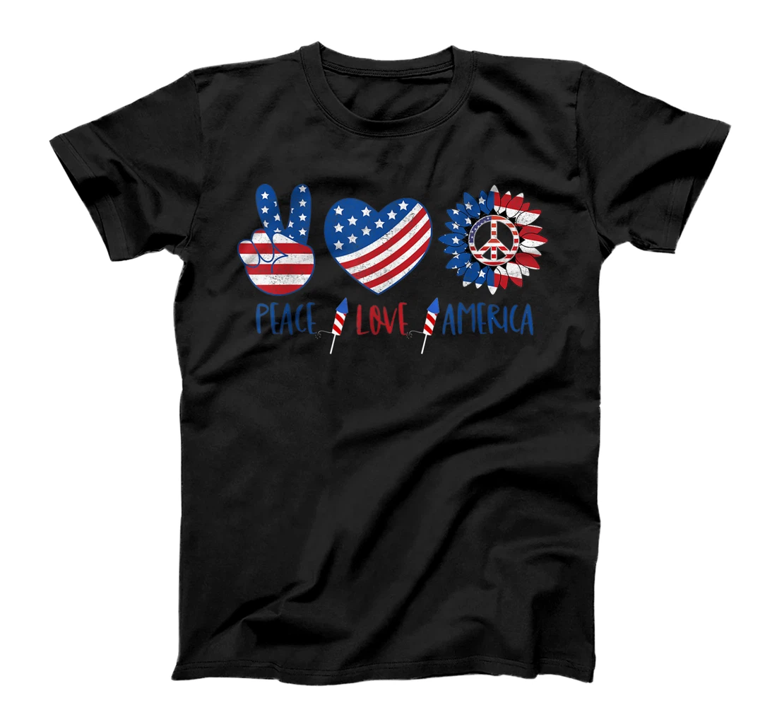 Personalized Peace Love America Sunflower Hippie 4th of July Fireworks T-Shirt, Kid T-Shirt and Women T-Shirt