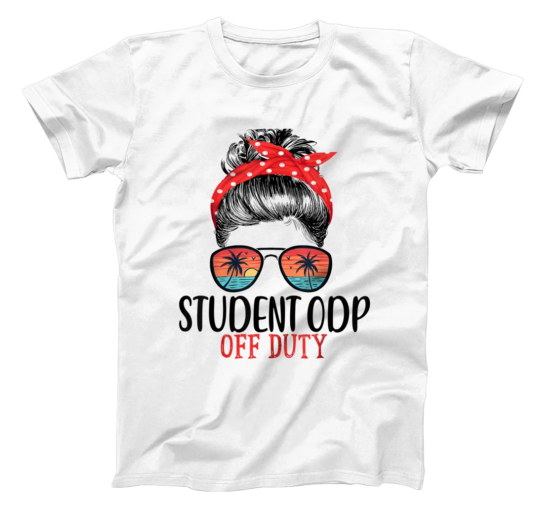 Personalized Messy Bun Student Odp Off Duty Sunglasses Beach Sunset T-Shirt, Women T-Shirt