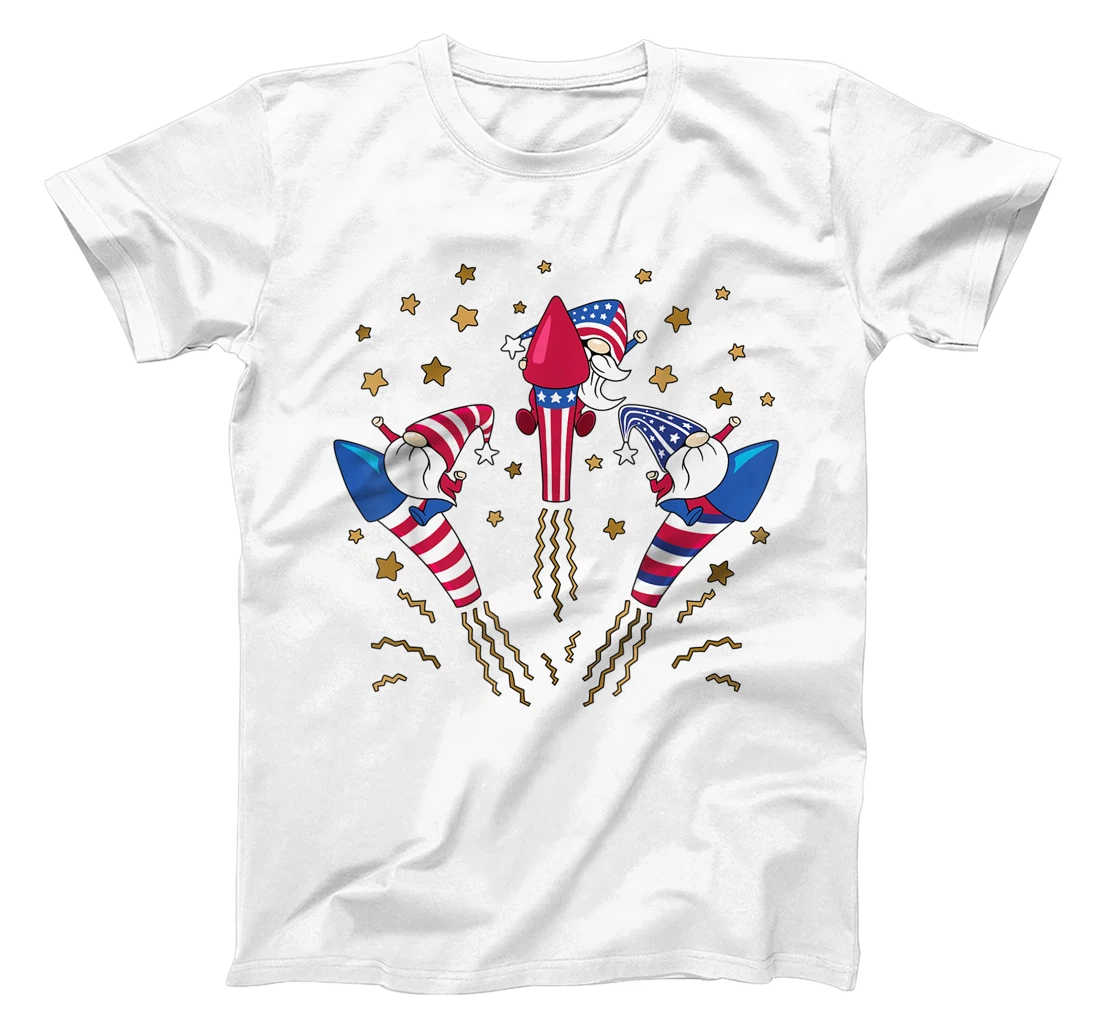 Personalized 4th of July Patriotic Gnomes Riding Fireworks, American Flag T-Shirt, Kid T-Shirt and Women T-Shirt