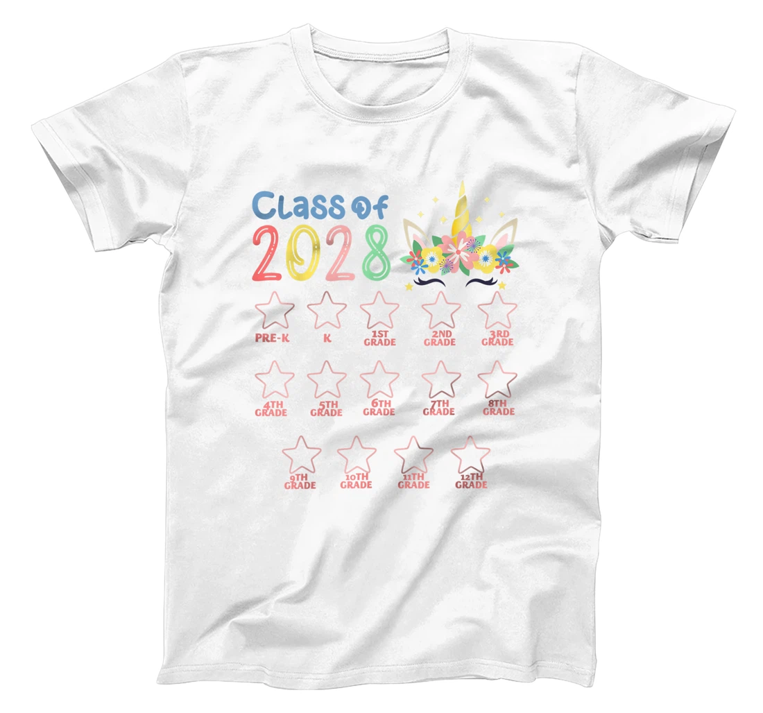 Personalized Class Of 2028 Unicorn Face First Day Of School Grow With Me T-Shirt, Kid T-Shirt and Women T-Shirt