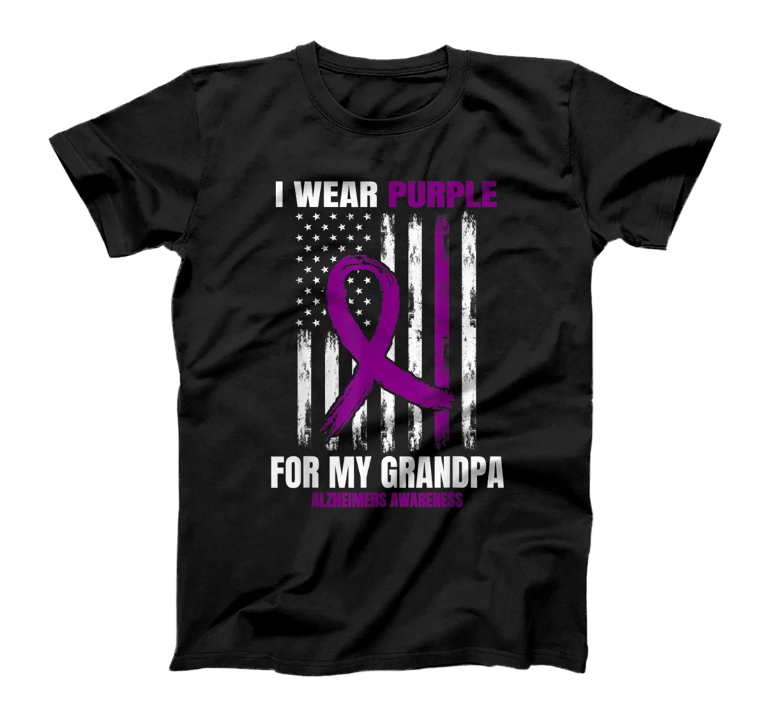 Personalized Women Men Purple Grandpa Alzheimers Awareness American Flag T-Shirt, Kid T-Shirt and Women T-Shirt