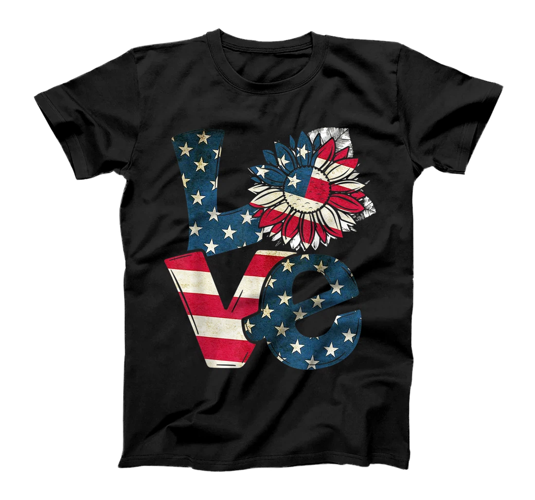 Personalized 4th Of July Love Sunflower USA American Flag Patriotic T-Shirt, Kid T-Shirt and Women T-Shirt