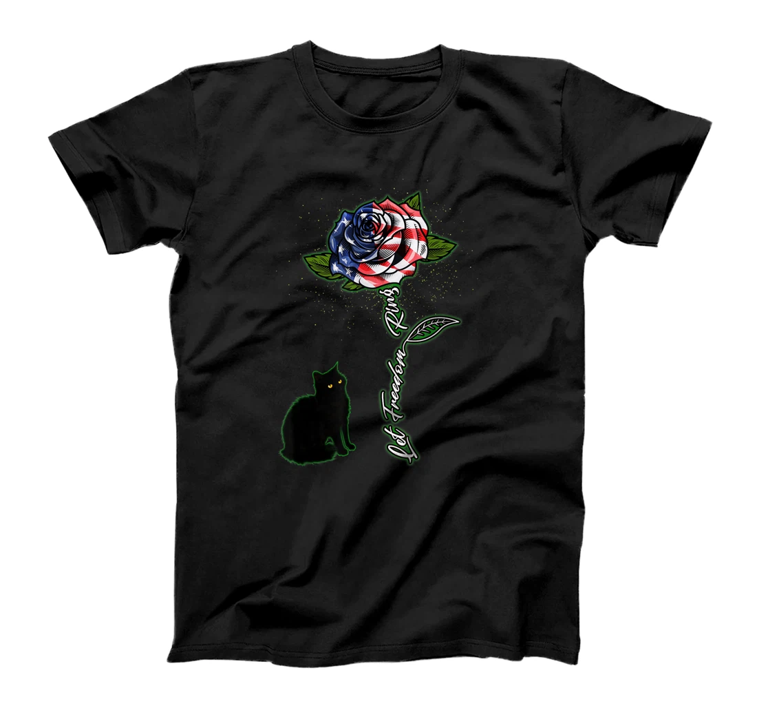 4th of July Lucky Black Cat USA Flag Rose Let Freedom Ring T-Shirt, Kid T-Shirt and Women T-Shirt