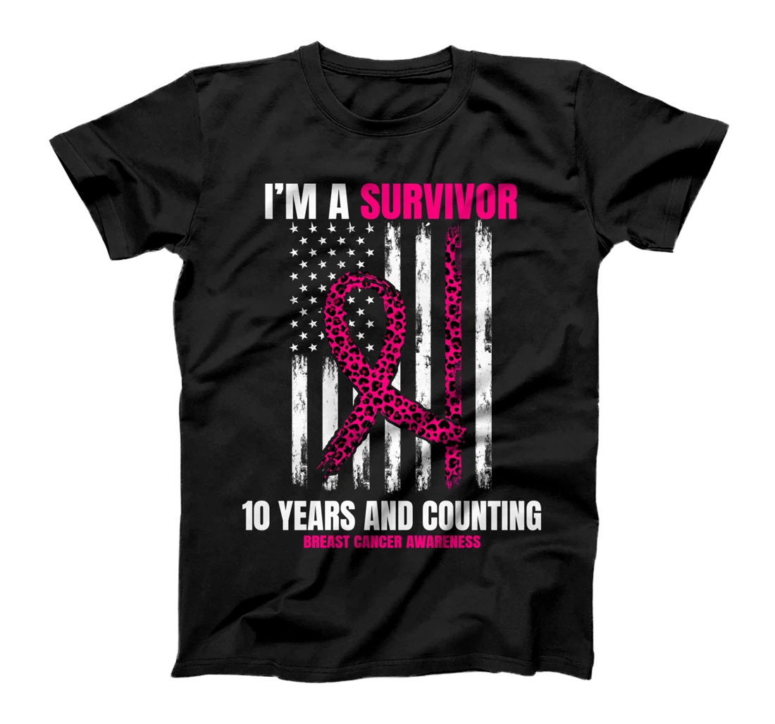 Cute Pink Cheetah Breast Cancer Survivor Gifts American Flag T-Shirt