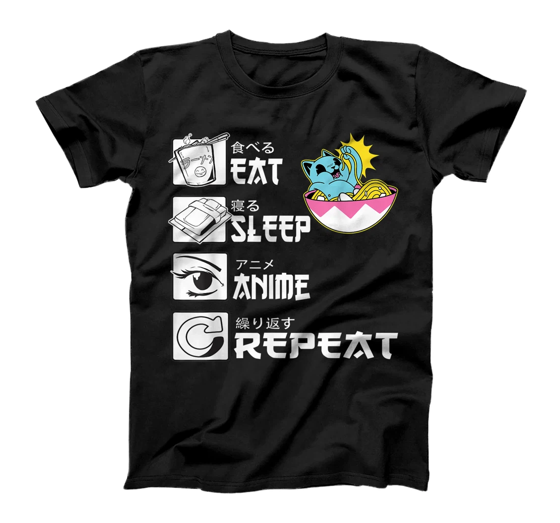Personalized Eat Sleep Anime Repert Cat Eats Ramen Japanese Kawaii Ramen T-Shirt, Kid T-Shirt and Women T-Shirt