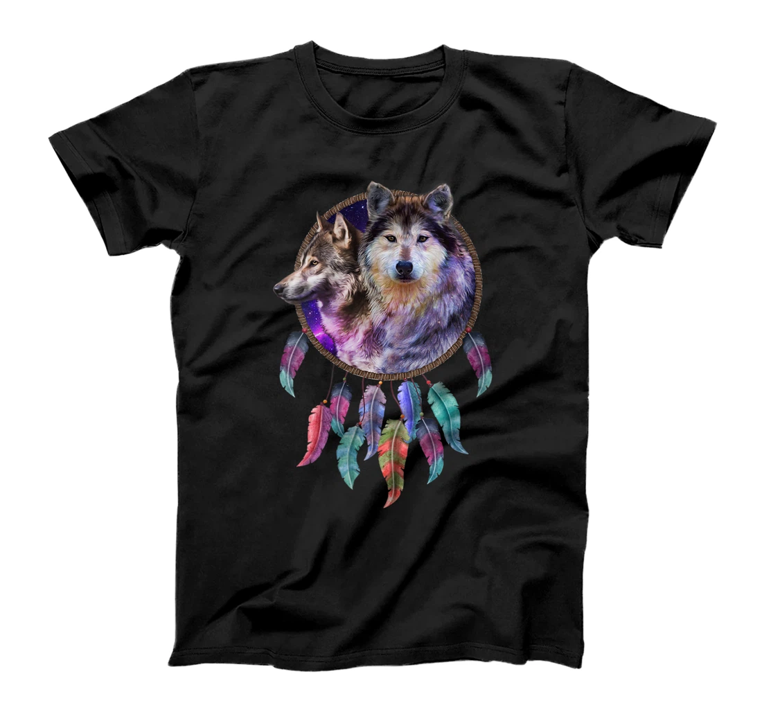 Personalized Womens Galaxy Wolves Colorful Feather Dream Catcher T-Shirt, Women T-Shirt