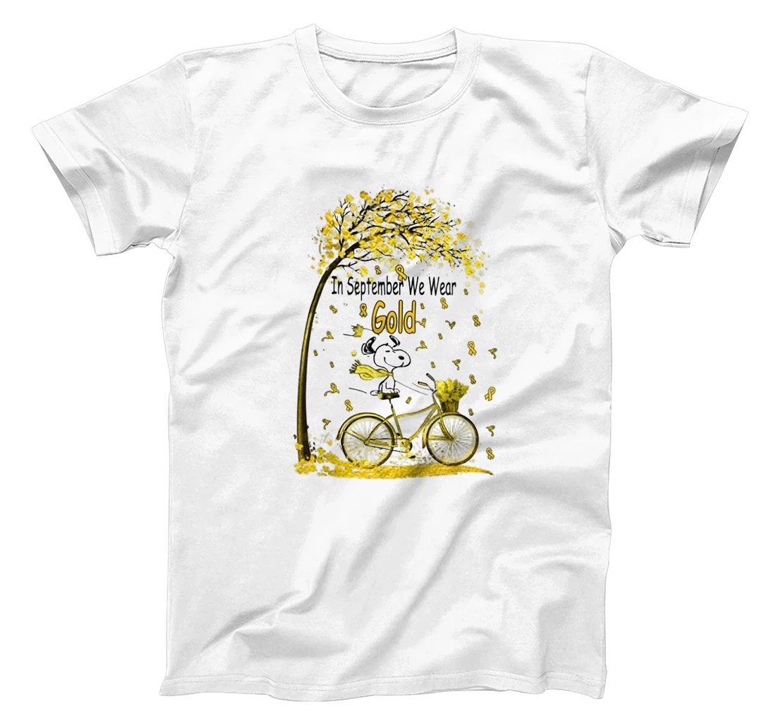 Personalized SnoopyAnd Bike In September We Wear Gold T-Shirt, Kid T-Shirt and Women T-Shirt