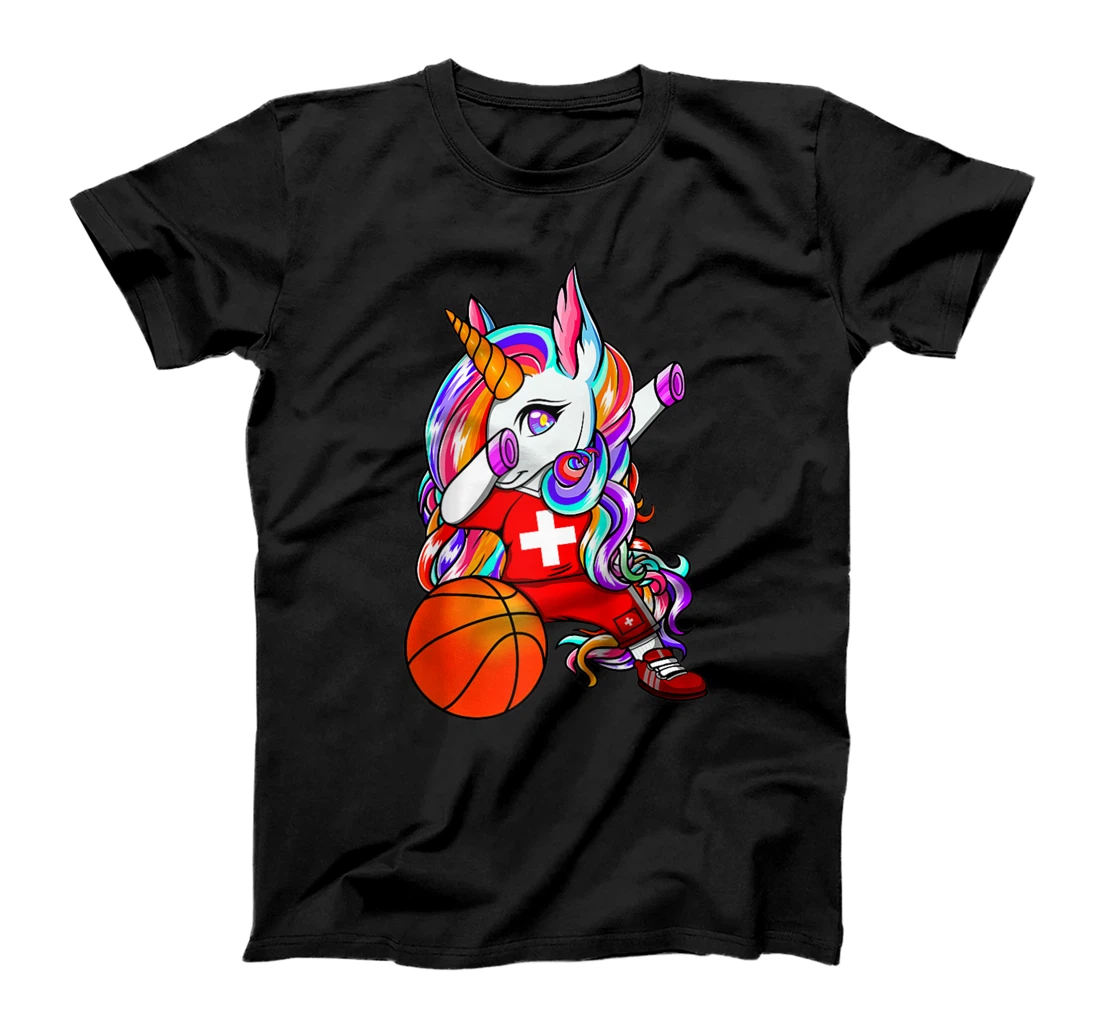 Dabbing Unicorn Switzerland Basketball Fan Jersey Swiss Flag T-Shirt, Women T-Shirt